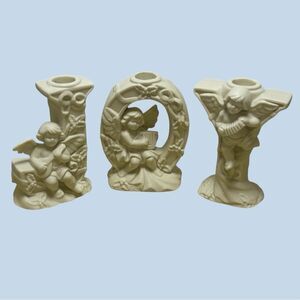 Vintage Bisque Pottery Cherub J O Y Candleholders Set of 3